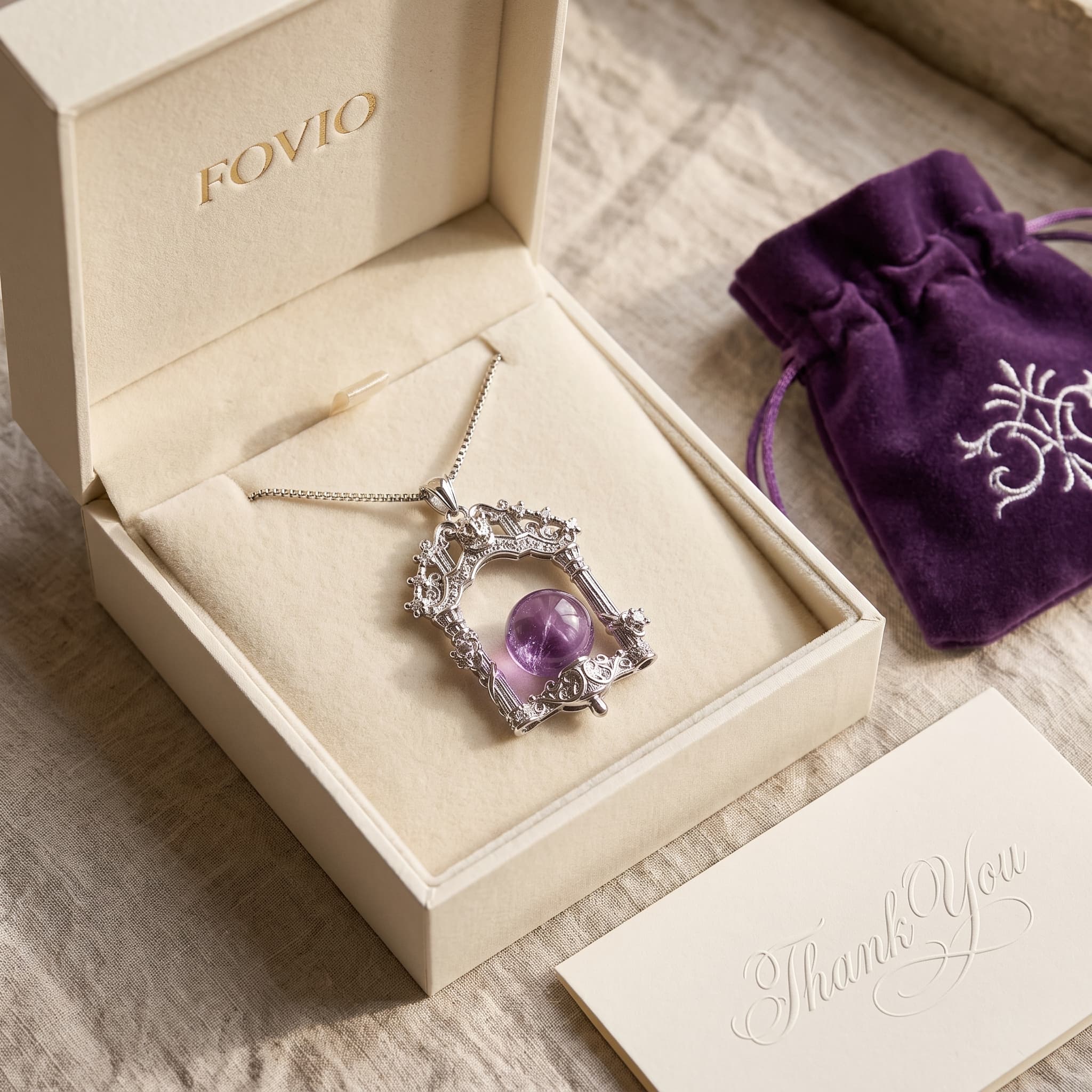 FOVIO velvet travel pouch and Amethyst pendant in open jewelry box