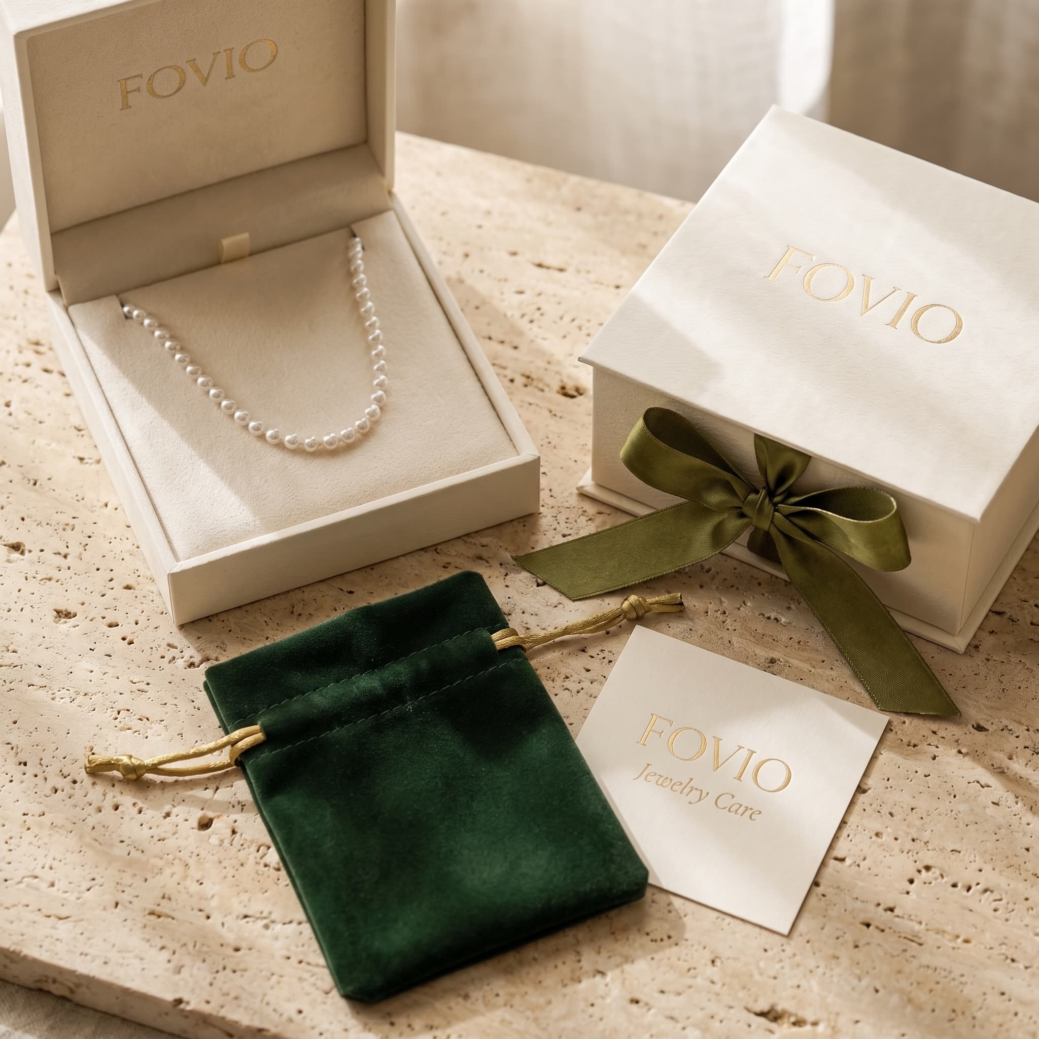 Complete FOVIO luxury jewelry unboxing suite flatlay arrangement