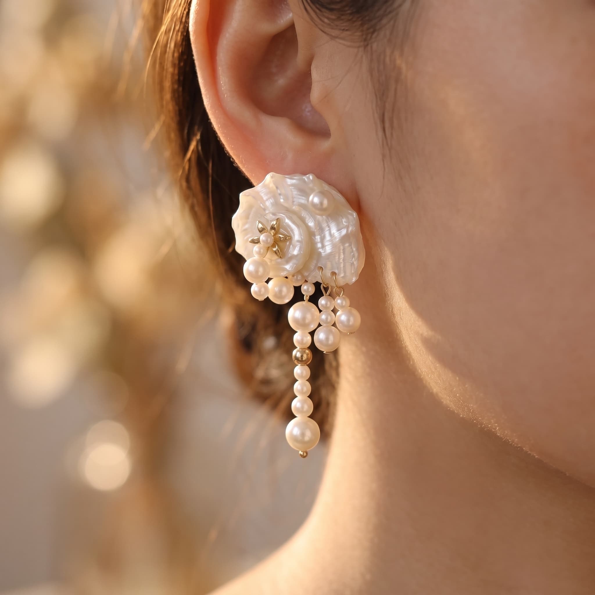 Mother of Pearl Scallop Drop Earrings worn by model