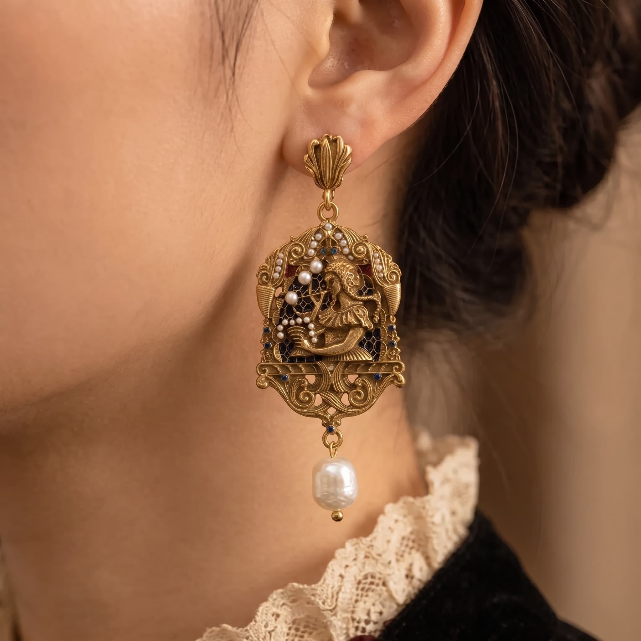 Art Nouveau Filigree Drop Earrings with Freshwater Pearl worn by model