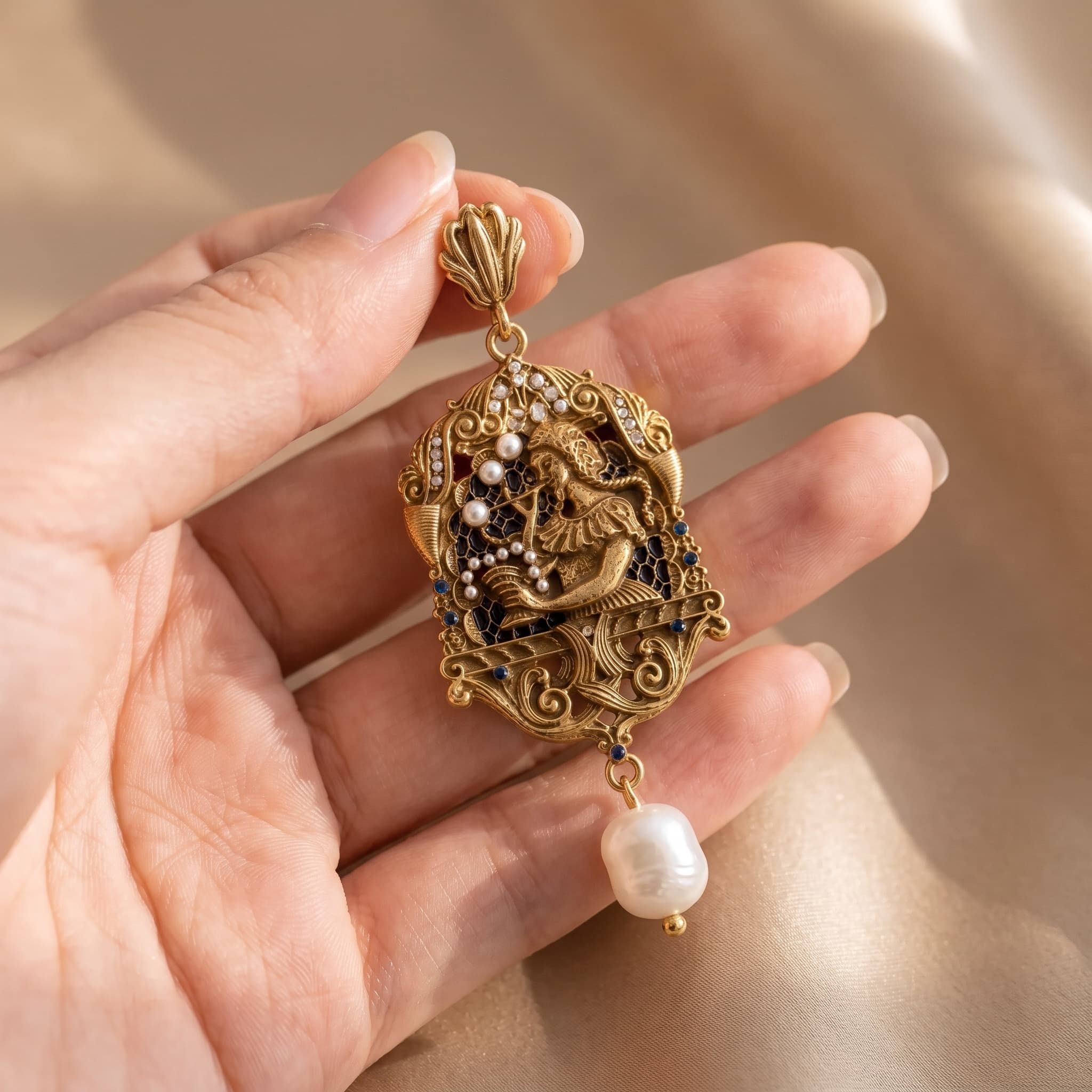 Art Nouveau Filigree Drop Earrings with Freshwater Pearl thumbnail 4
