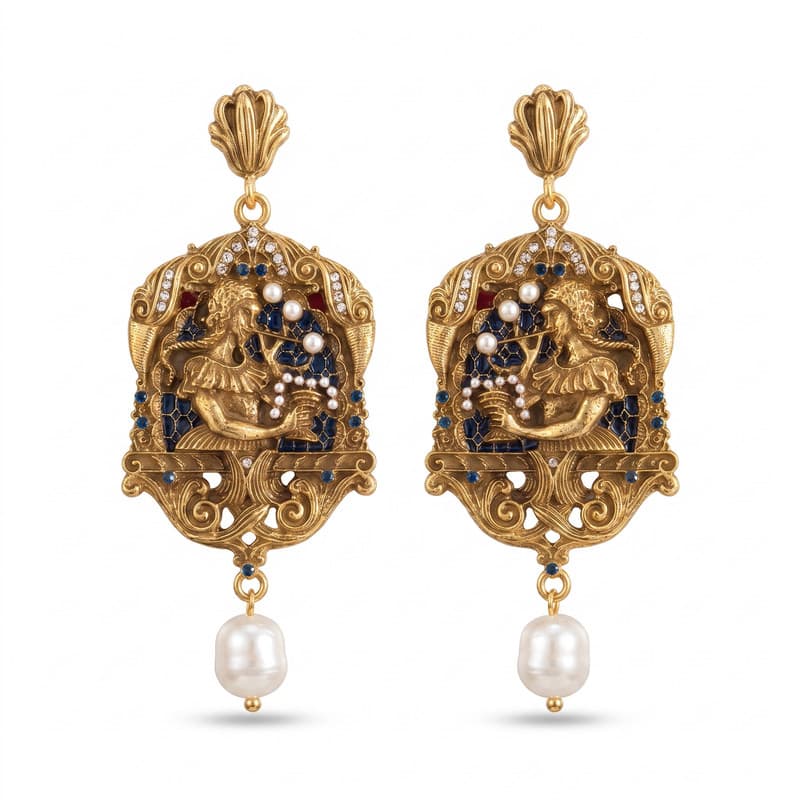 Art Nouveau Filigree Drop Earrings with Freshwater Pearl