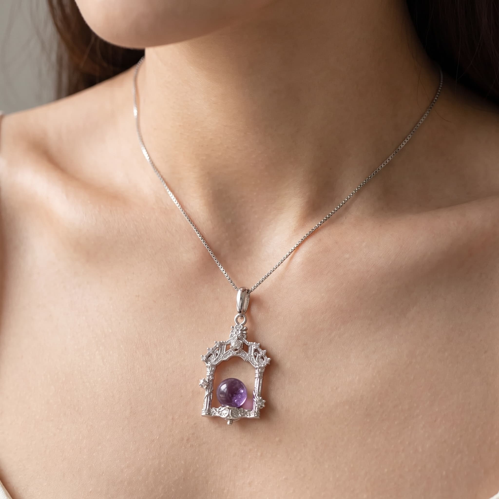 Gothic Cathedral Window Amethyst Pendant Necklace thumbnail 5