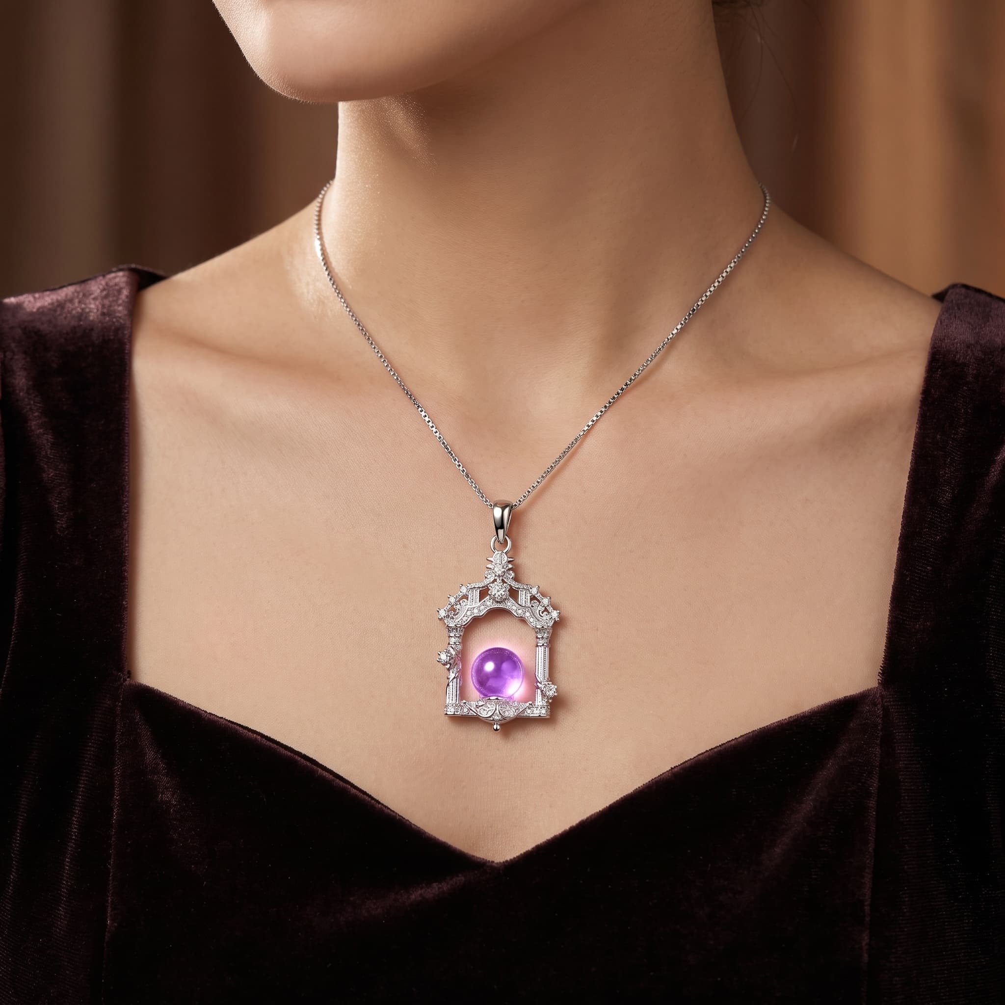 Gothic Cathedral Window Amethyst Pendant Necklace worn by model
