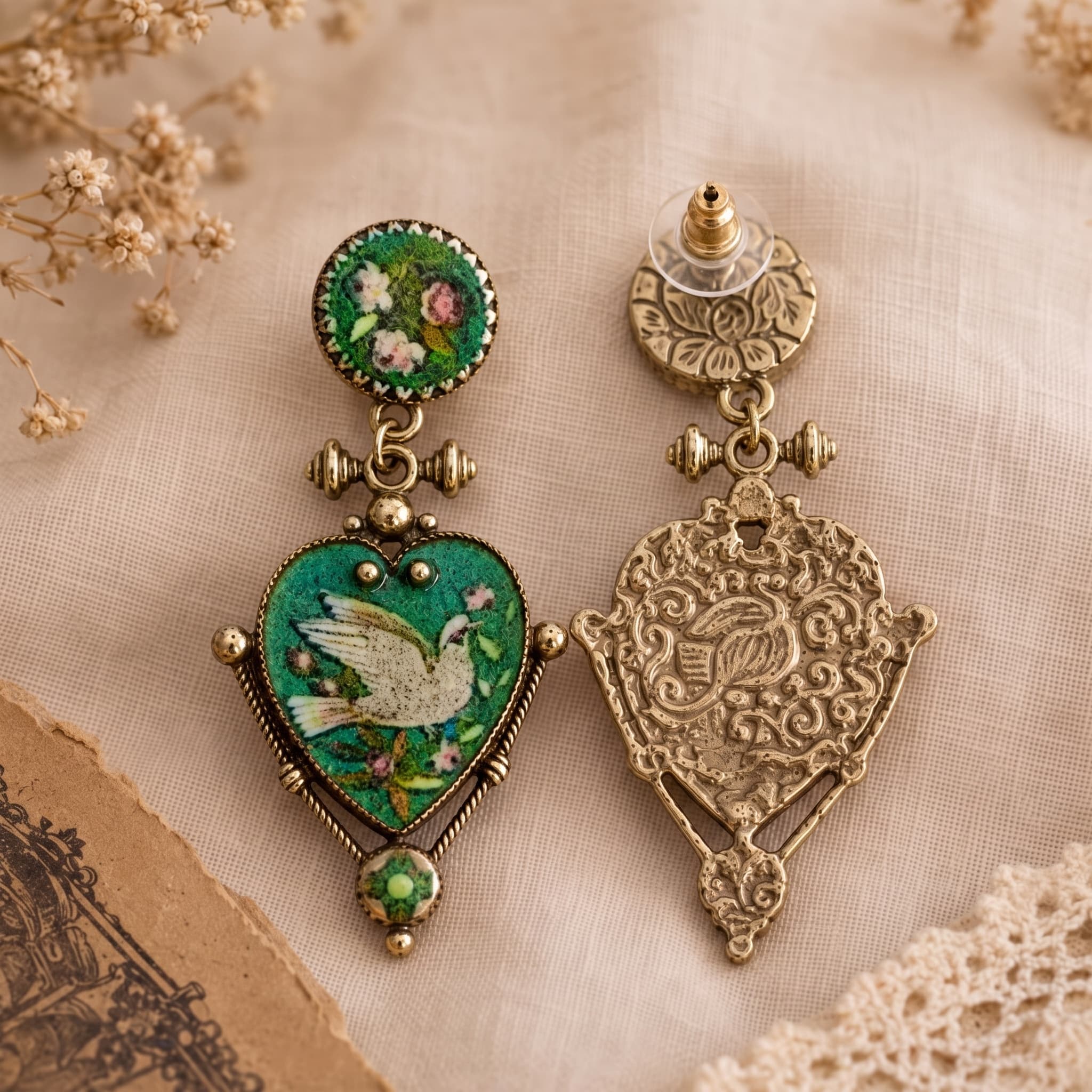 Victorian Style Enamel Dove Heart Drop Earrings thumbnail 3