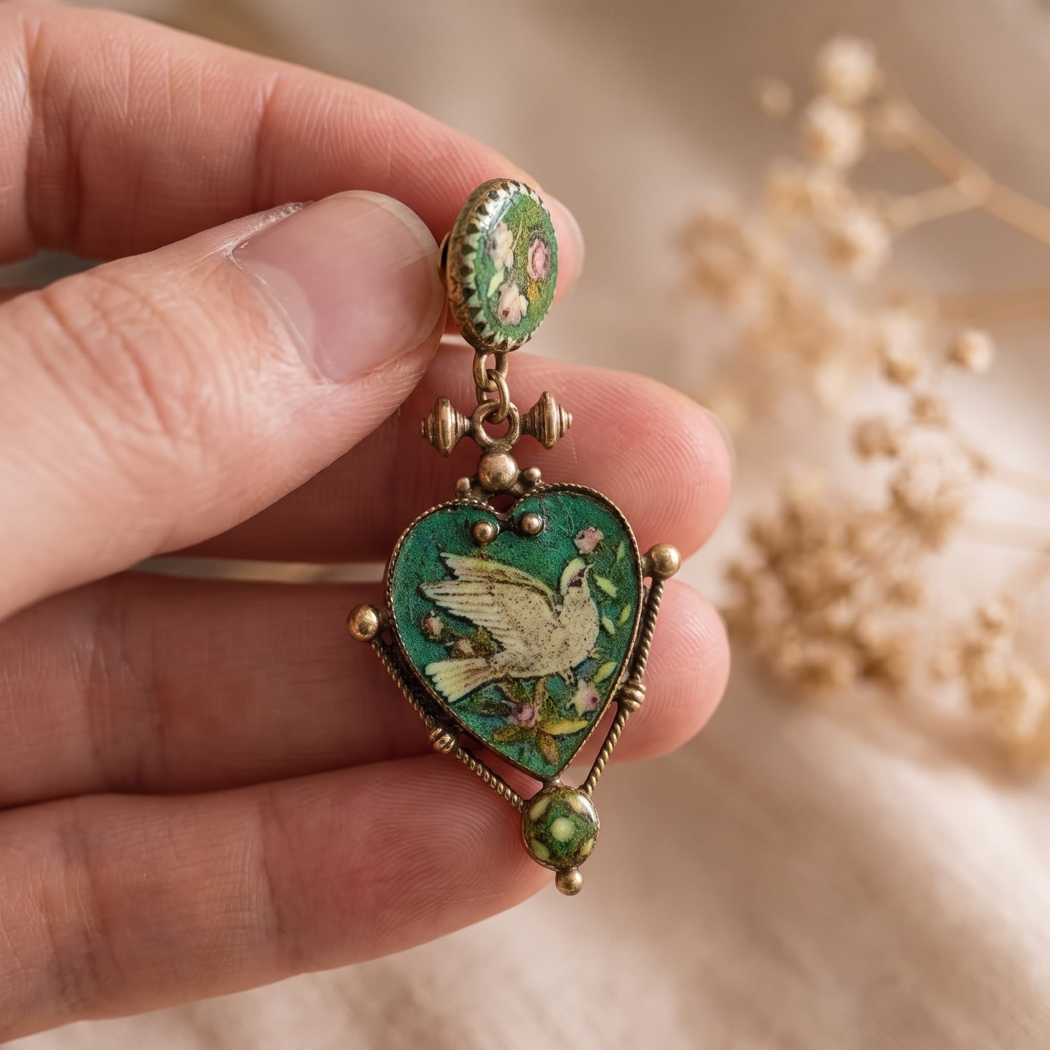 Victorian Style Enamel Dove Heart Drop Earrings thumbnail 4