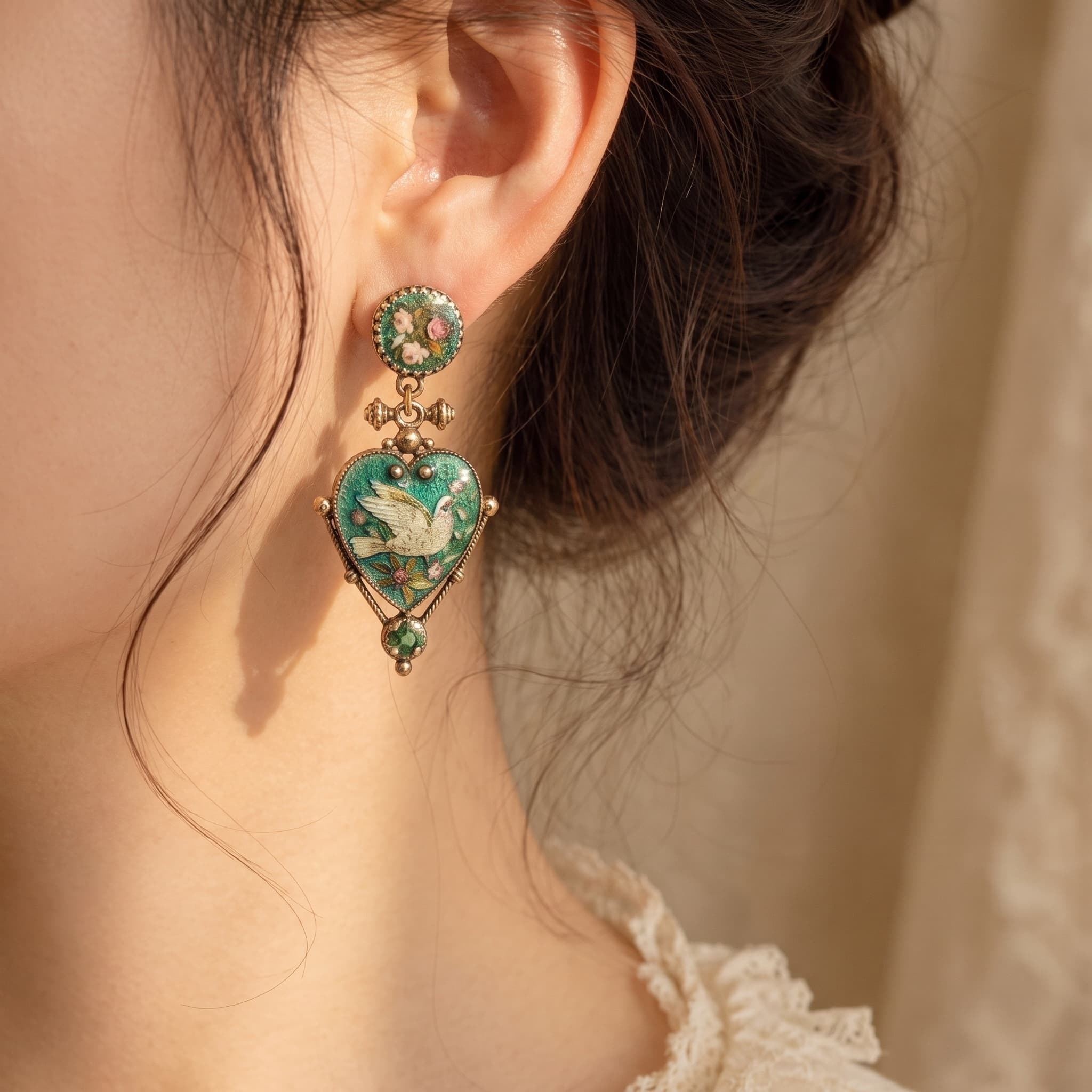 Victorian Style Enamel Dove Heart Drop Earrings worn by model