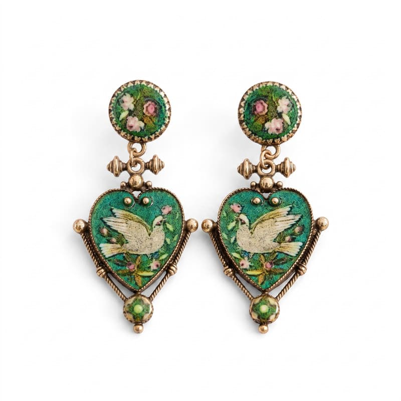 Victorian Style Enamel Dove Heart Drop Earrings thumbnail 5
