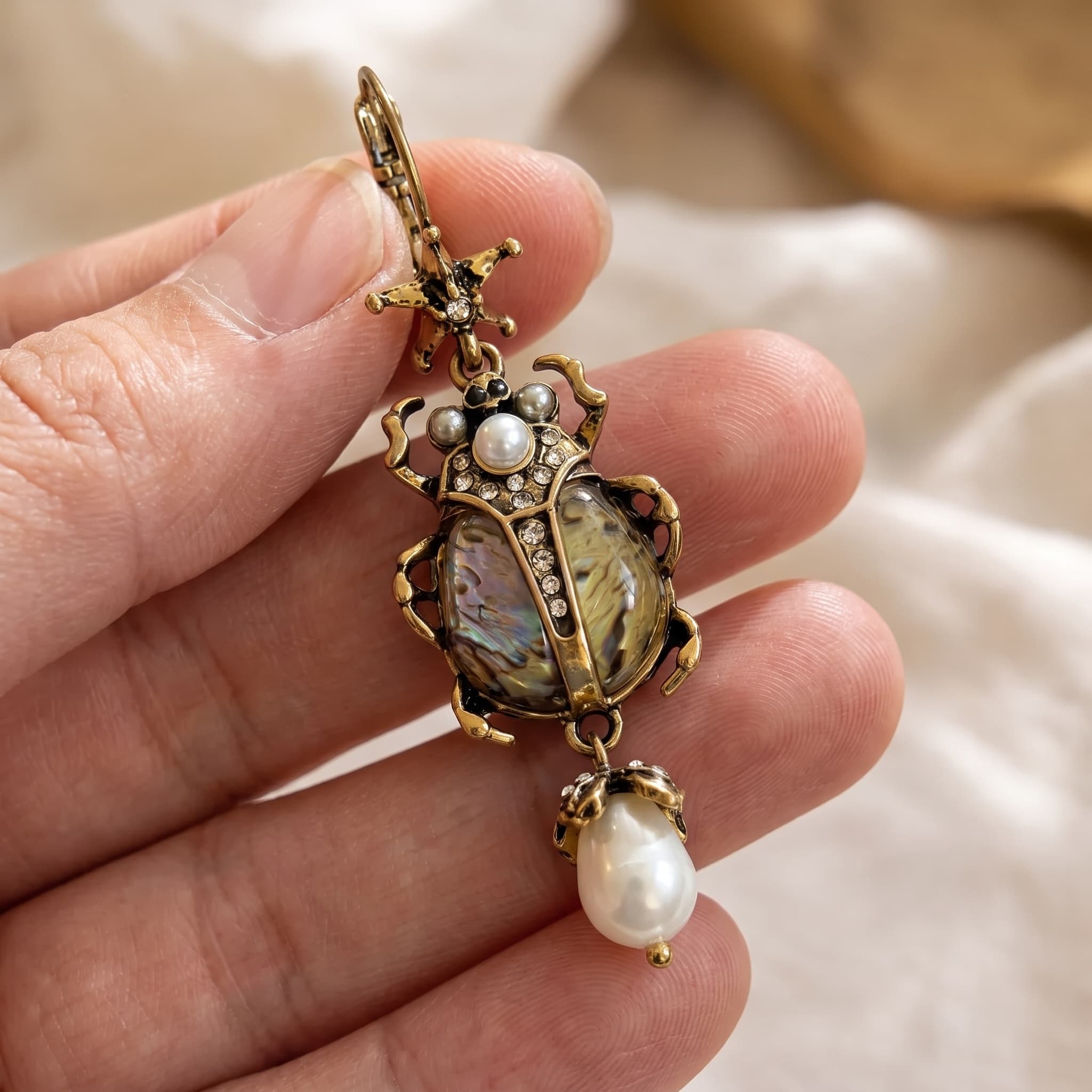 Antique Brass Scarab Beetle Pearl Drop Earrings thumbnail 3