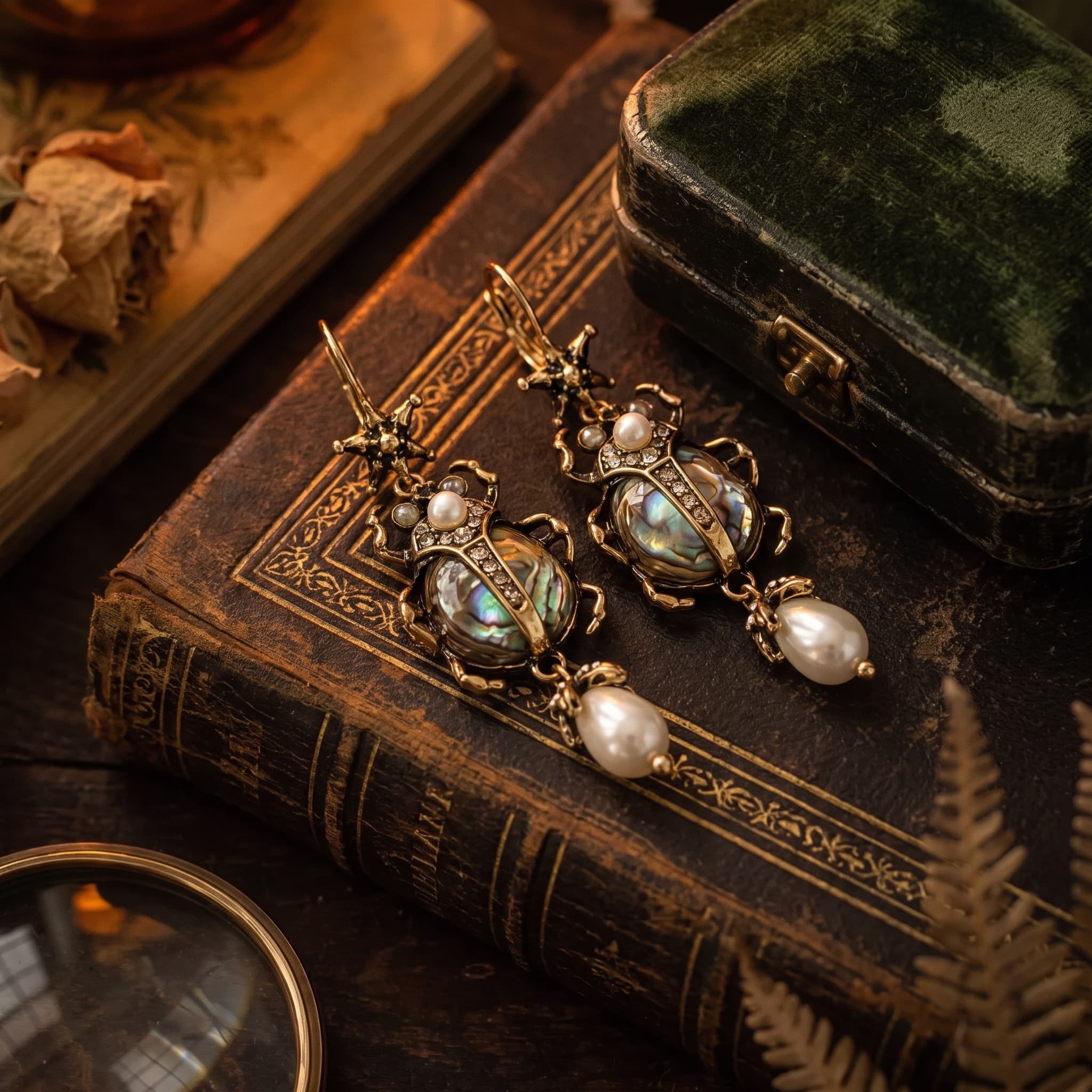 Antique Brass Scarab Beetle Pearl Drop Earrings thumbnail 4
