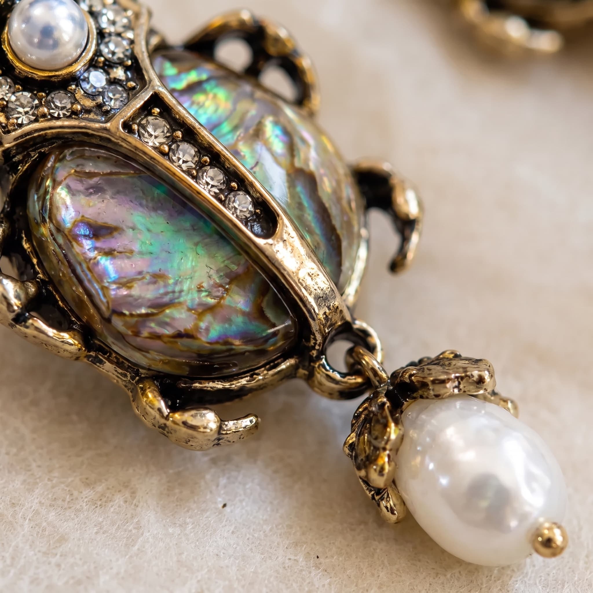 Antique Brass Scarab Beetle Pearl Drop Earrings thumbnail 5
