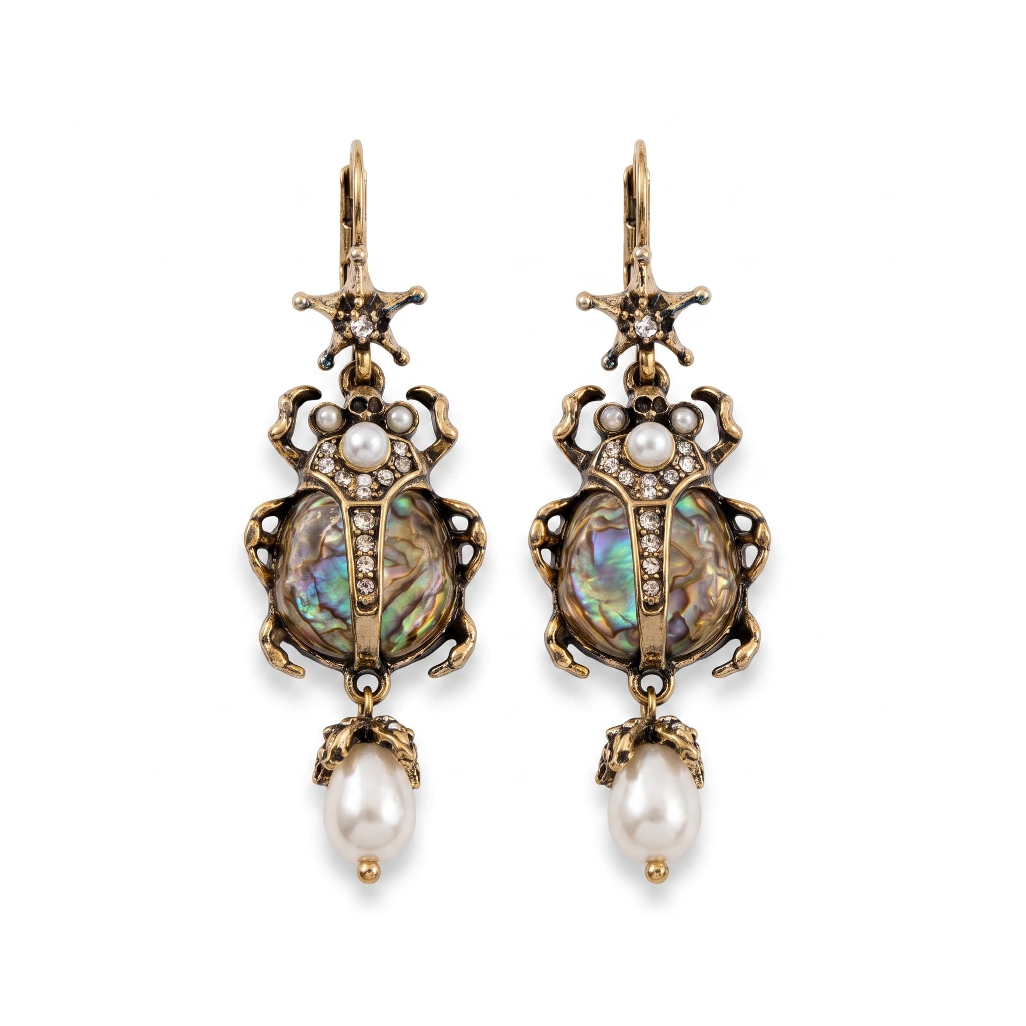 Antique Brass Scarab Beetle Pearl Drop Earrings