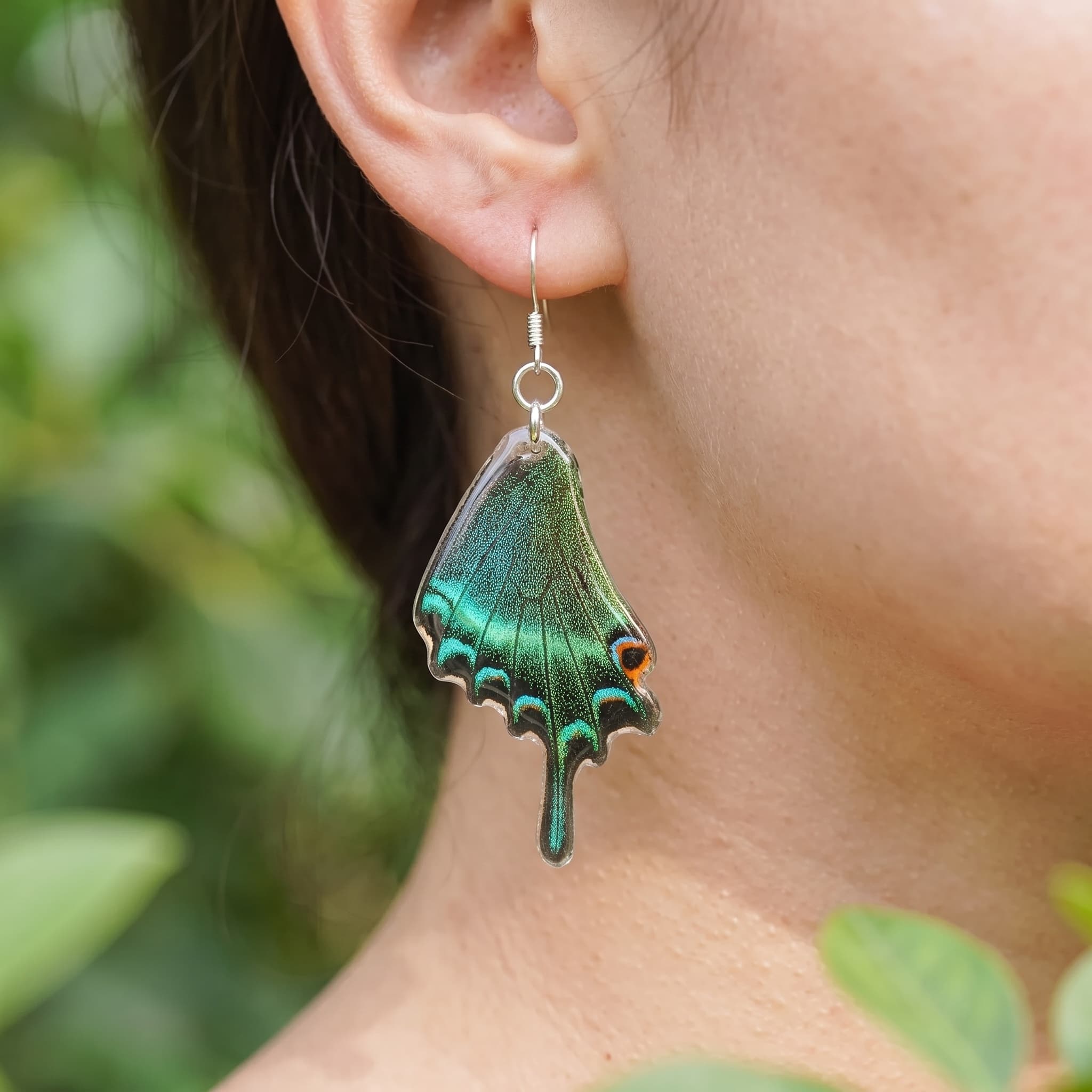 Emerald Swallowtail Butterfly Wing Dangle Earrings worn by model
