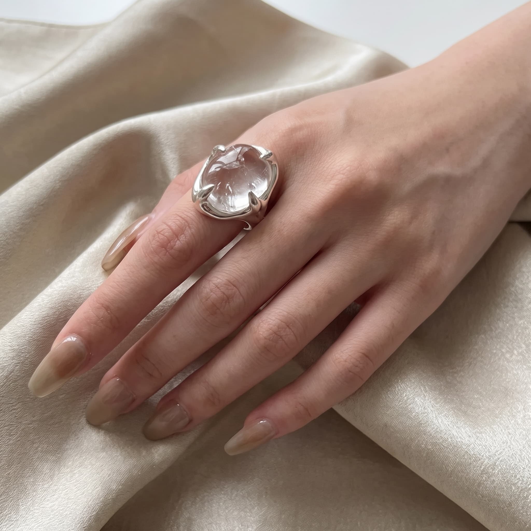 Talon Claw Quartz Crystal Orb Statement Ring worn by model