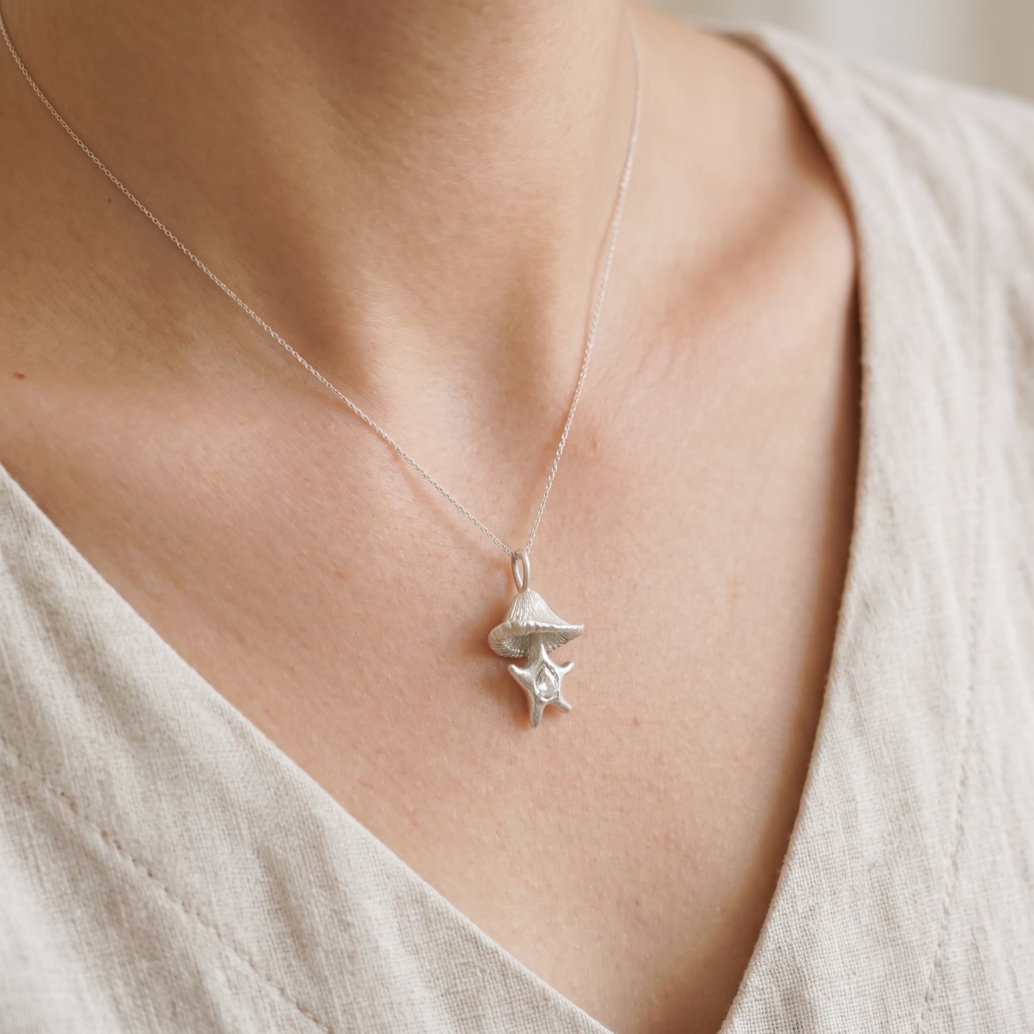 925 Sterling Silver Woodland Mushroom Pendant Necklace worn by model